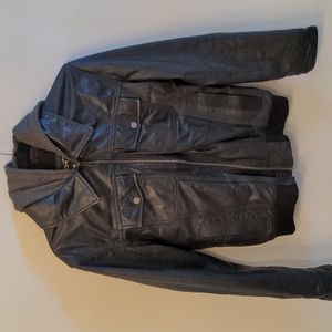 Black River Black Leather Jacket with removable hood liner